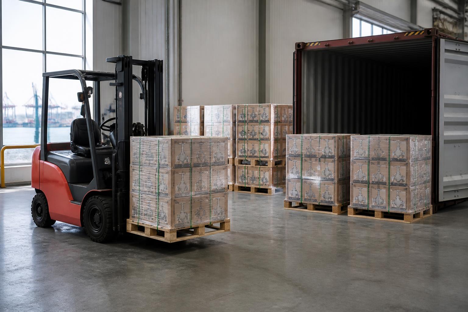 Palés preparados para consolidar en un almacén junto al puerto